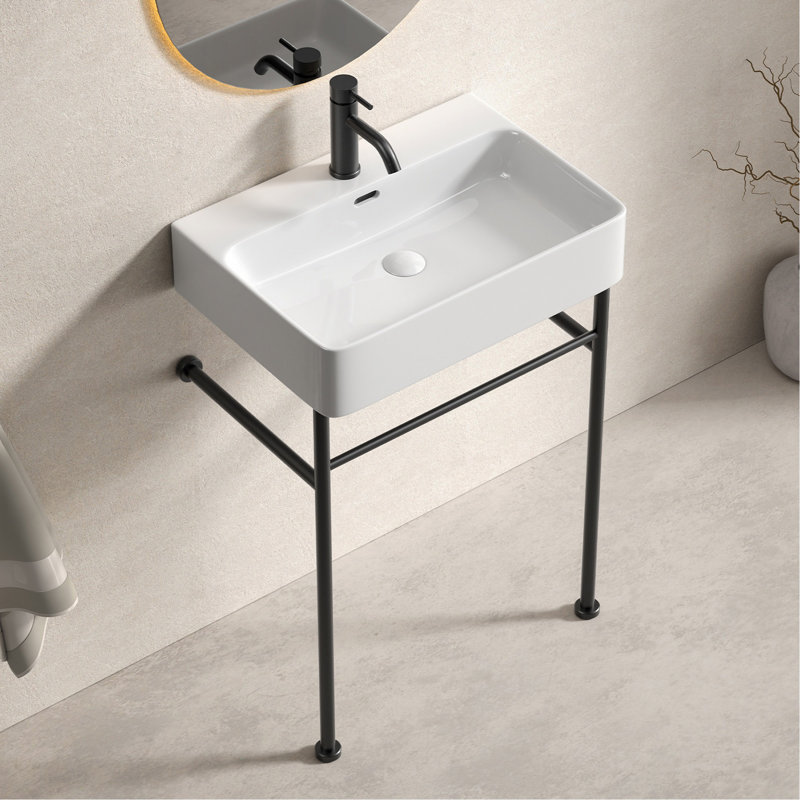 Lavabo de salle de bain autoportant 24 po * 16,5 po * 34,65 po avec pieds en acier inoxydable et support mural en céramique cuve blanche