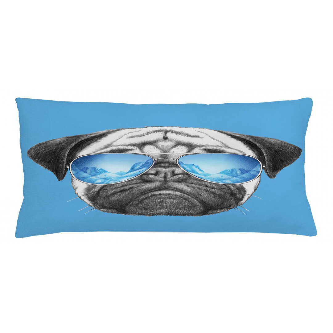 Kissenbezug, Portrait mit Sonnenbrille, Mops, Schwarz Perle Blau