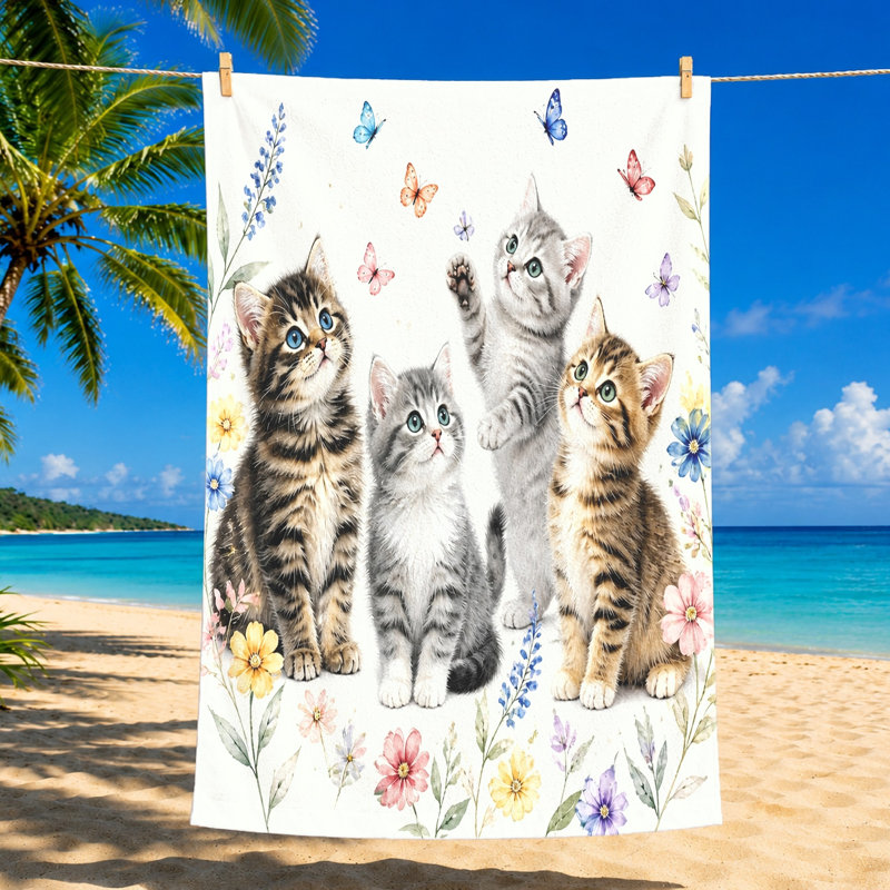 1Pcs Cute Kittens Beach Towel, featuring playful surrounded by colorful flowers and butterflies. Soft microfiber, ideal for, swimming, travel, home decor, unisex.