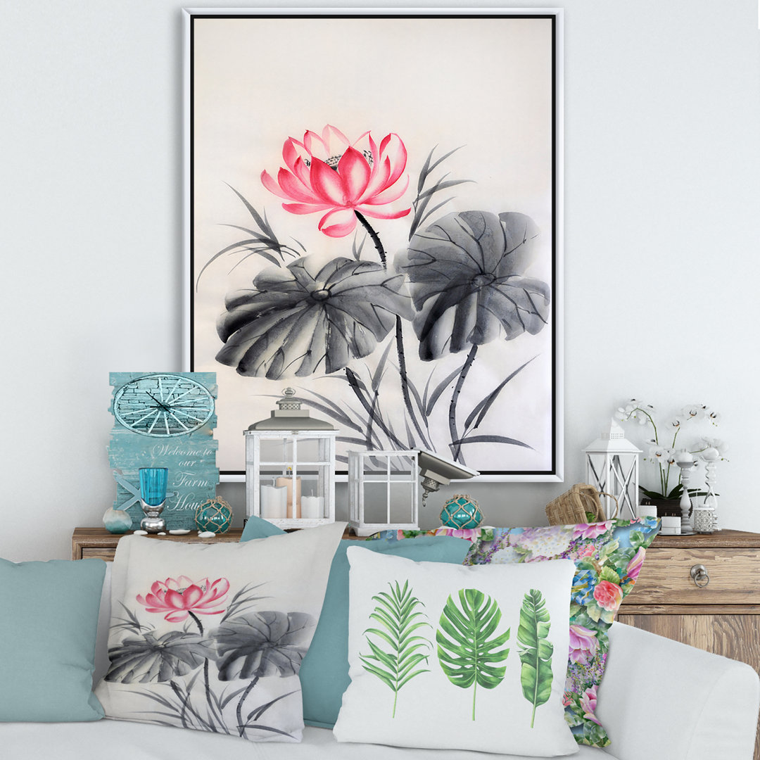 " Lotus Flower With Two Monochrome Leaves " Painting Print East Urban Home