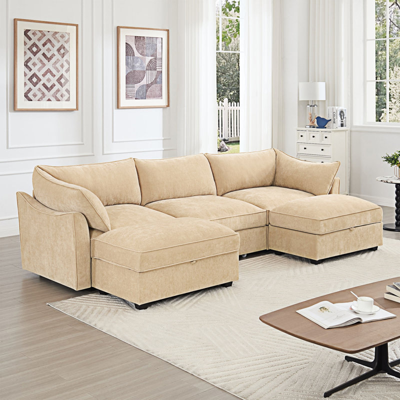 U Shape Sofa Couch With Movable Ottomans, 31.41" H x 112.61" W x 34.21" D, 3, Wheat Chenille