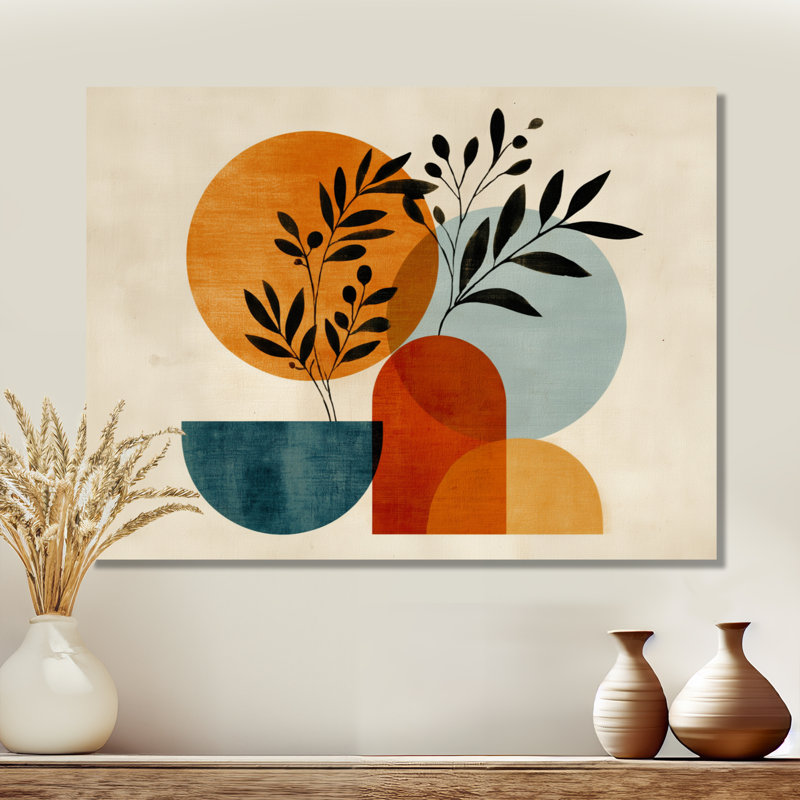 «Blue and Orange Boho Minimalist Geometric Plant - Botanicals, impressions encadrées, art mural sur toile botanique bleu