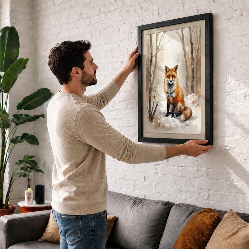 Fox in Winter Scandinavian - Framed Print, A4 - 29.7 x 21.0 cm, White