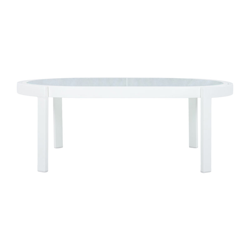 Table basse d'extérieur moderne avec plateau en verre trempé, structure en aluminium blanc, table de patio résistante aux intempéries pour la cour, la terrasse et le bord de la piscine
