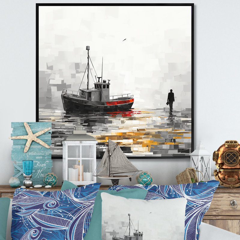 Bateau gris I, bateau côtier, art mural, Cadre flottant noir, H 30 po x l 30 po