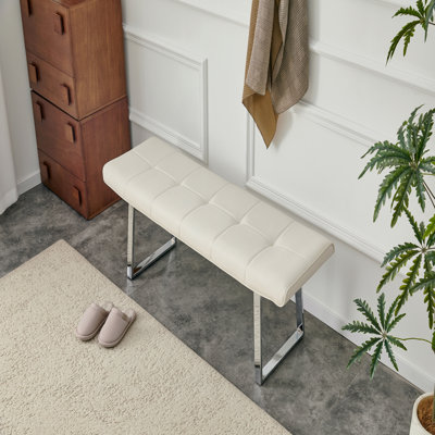 Banc de salle à manger pour 2-3 personnes, banc rembourré en cuir de qualité supérieure, coussin éponge à haute résilience, poutre en métal renforcée au centre du coussin, pieds arqués galvanisés (blanc, ensemble de 1)