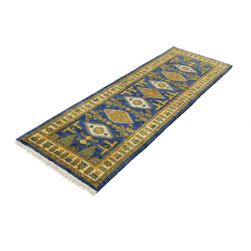 Tapis bleu / brun en laine noué à la main