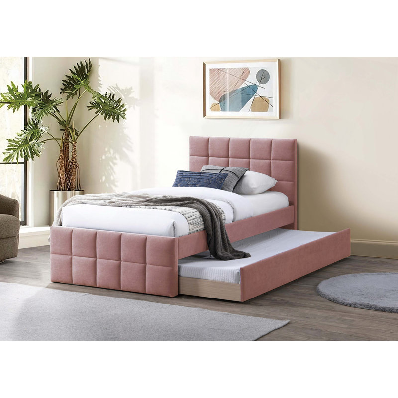 Lit 1Pc avec lit gigogne et tête de lit tapissier, Lit double, Rose clair