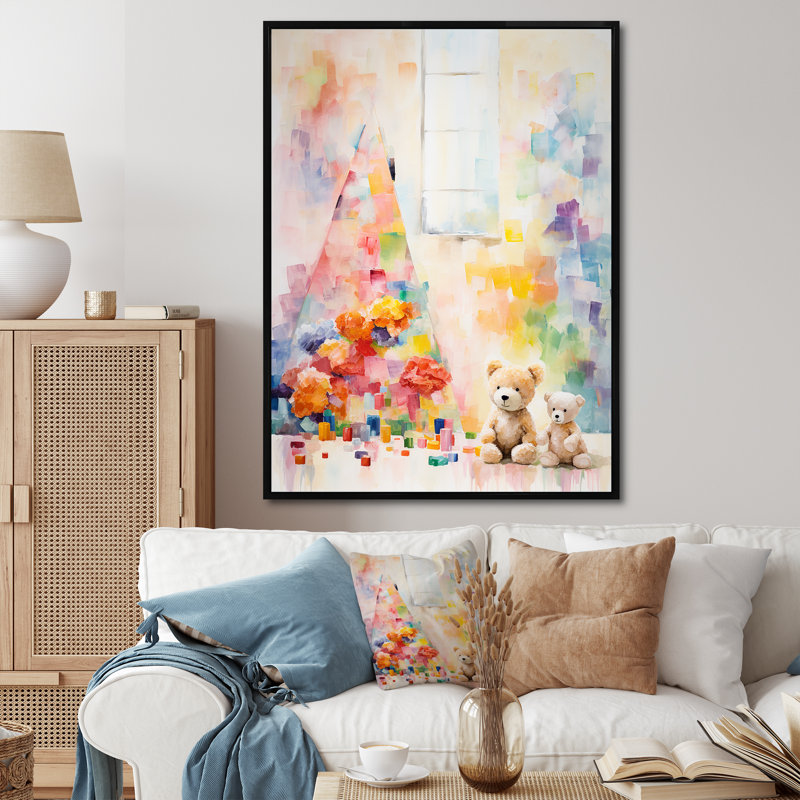 «Whimsical Kids Floral Haven III», art mural pour chambre de bébé, Cadre flottant noir, H 32 po x l 16 po x P 1 po