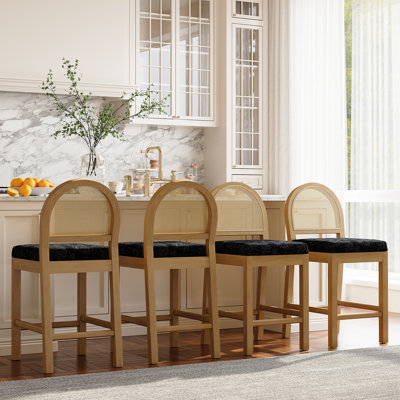 Wooden Bar Stools Set Of 4 With Natural Rattan Back