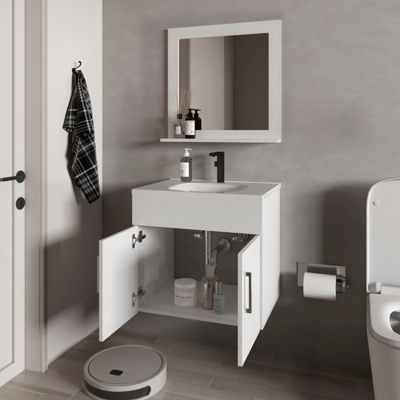 Ensemble de meuble-lavabo flottant avec lavabo, armoire à deux portes et miroir Slater, blanc, Blanc