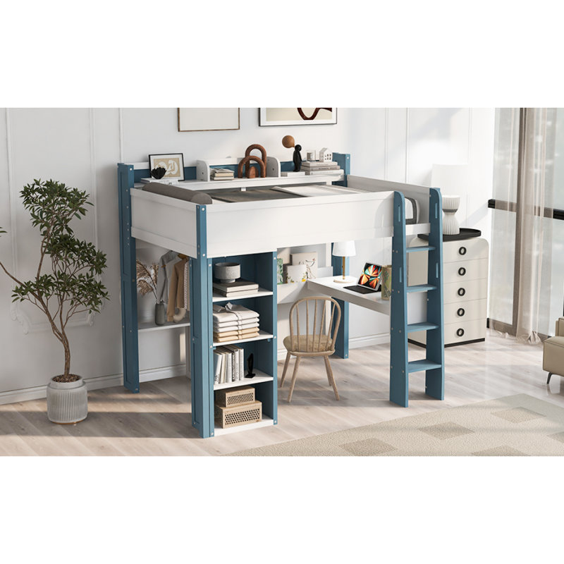Lit mezzanine en bois pleine grandeur avec tablettes de rangement intégrées, portemanteaux et bureau, blanc et bleu (heure d’arrivée estimée: 8,23)