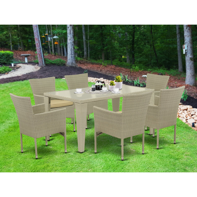 7 Piece Outdoor Patio Conversation Sets Consist of a Rectangle Wicker Dining Table with Glass Top and 6 Backyard Armchair with Cushion, Natural Linen