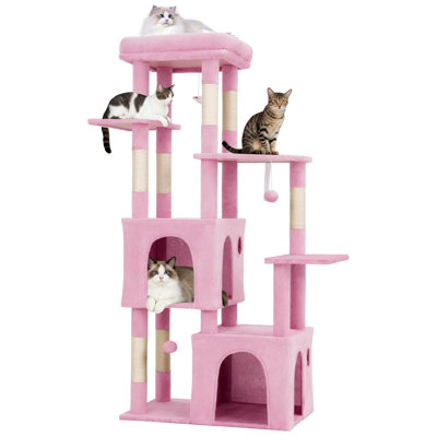 Arbre à chat rose à plusieurs niveaux de 155 cm (61 po) pour chats d'intérieur, structure robuste pour grands chats adultes et Maine Coon, perchoir supérieur surdimensionné, deux niches, poteaux à griffer en sisal naturel avec jouets suspendus