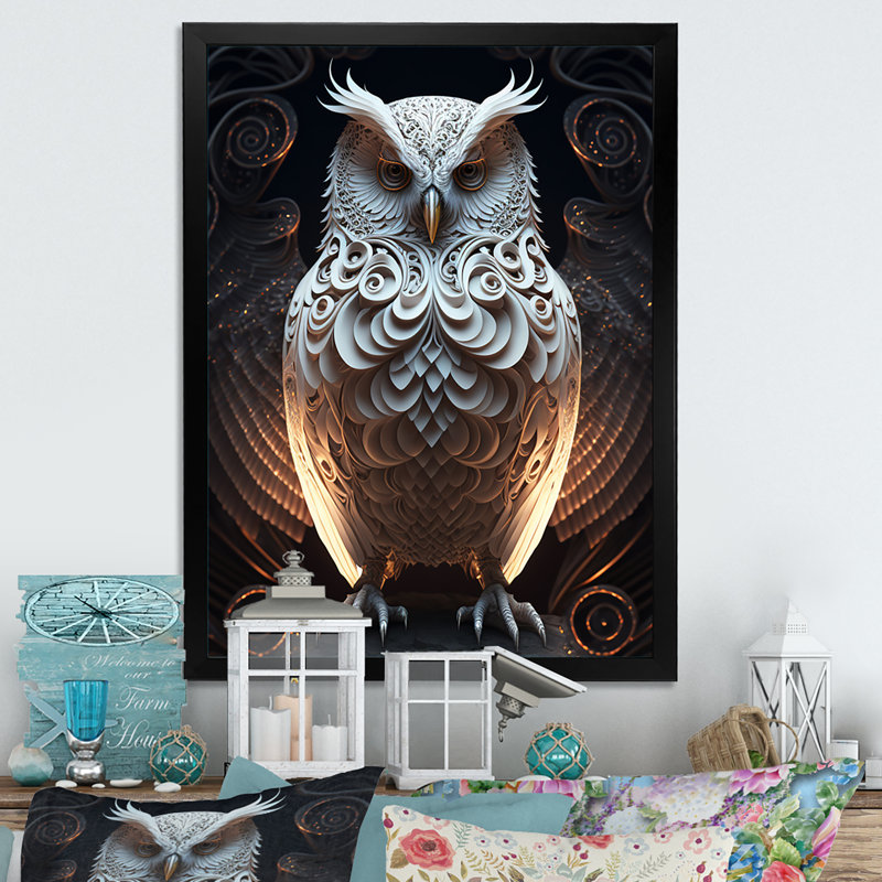 «Drice Luminous White Owl I», reproduction sur toile, Impression noire sur toile encadrée, H 20 po x l 12 po x P 1 po