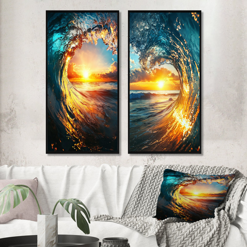 Coucher de soleil coucher de soleil sur les vagues de l'océan - ensemble d'art mural 2 pièces Coastal Waves