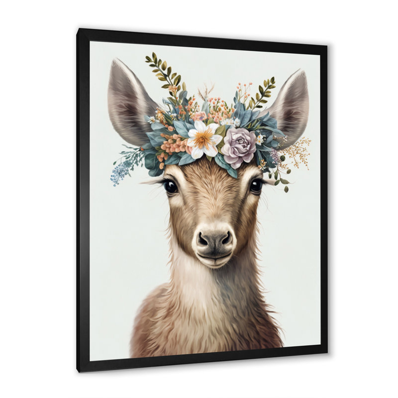 Mignon bébé chèvre avec couronne florale - animaux, art mural sur toile, L 12 po x H 20 po, Toile avec cadre photo noir