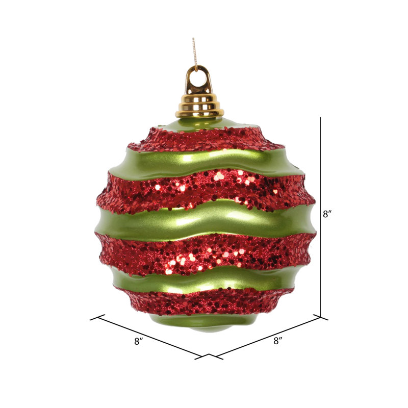 Ornement de Noël boule rayée et scintillante, H 8 po x l 8 po x P 8 po, Vert lime / Rouge