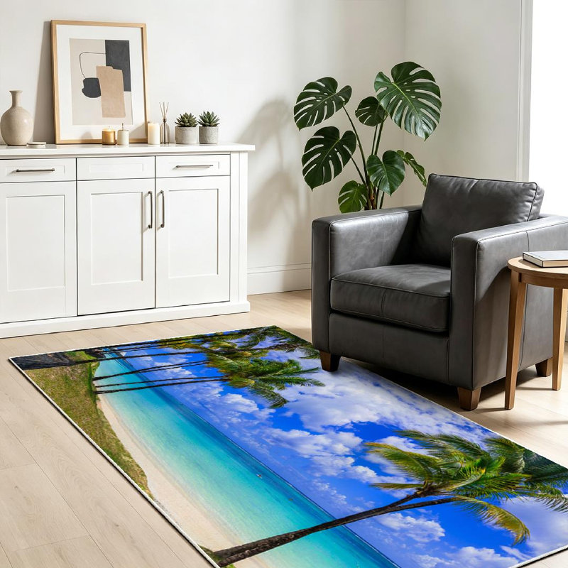 Blue Tropical Beach Scenery Palms Turquoise Sea Island Beautiful Machine Washable Indoor Area Rug, Rectangle 39" x 63"