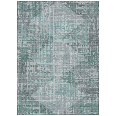 Machine Washable Indoor/Outdoor Xhevrie Teal Rug