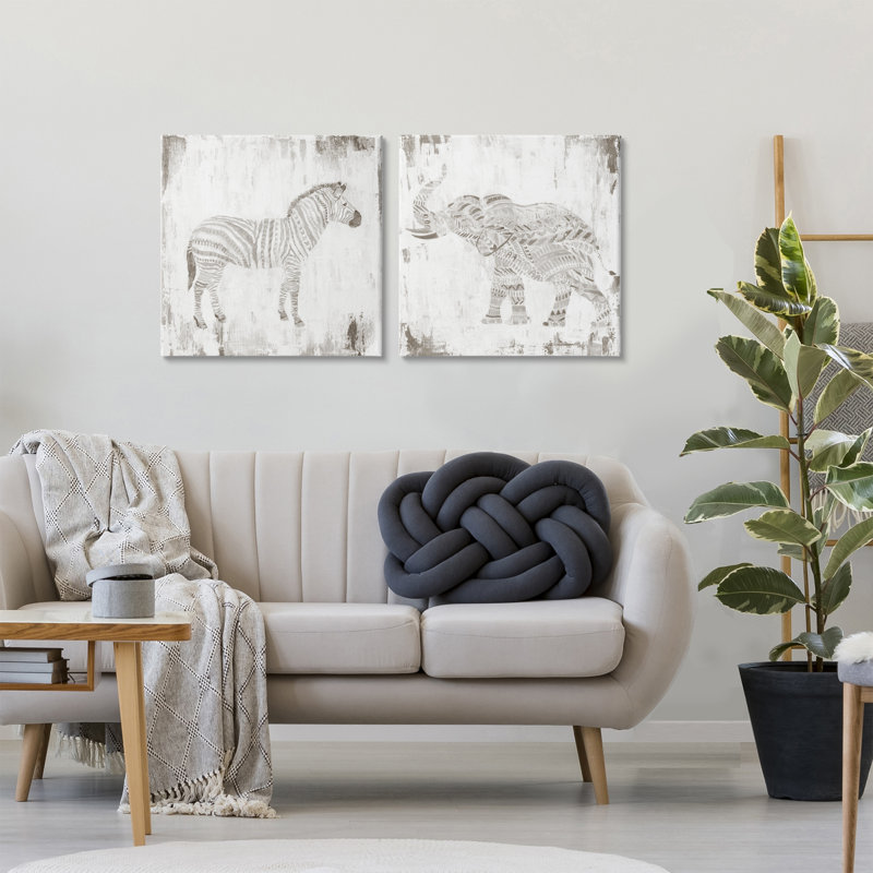 "Zebra & Elephant Boho Stripes", ensemble de 2 toiles murales, design par Janet Tava, H 24 po x l 24 po