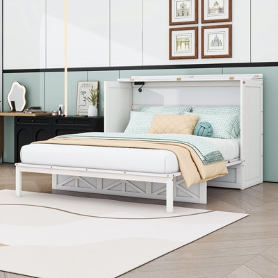 Full Size Wooden Murphy Bed with Built-In Charging Station and Storage Drawer