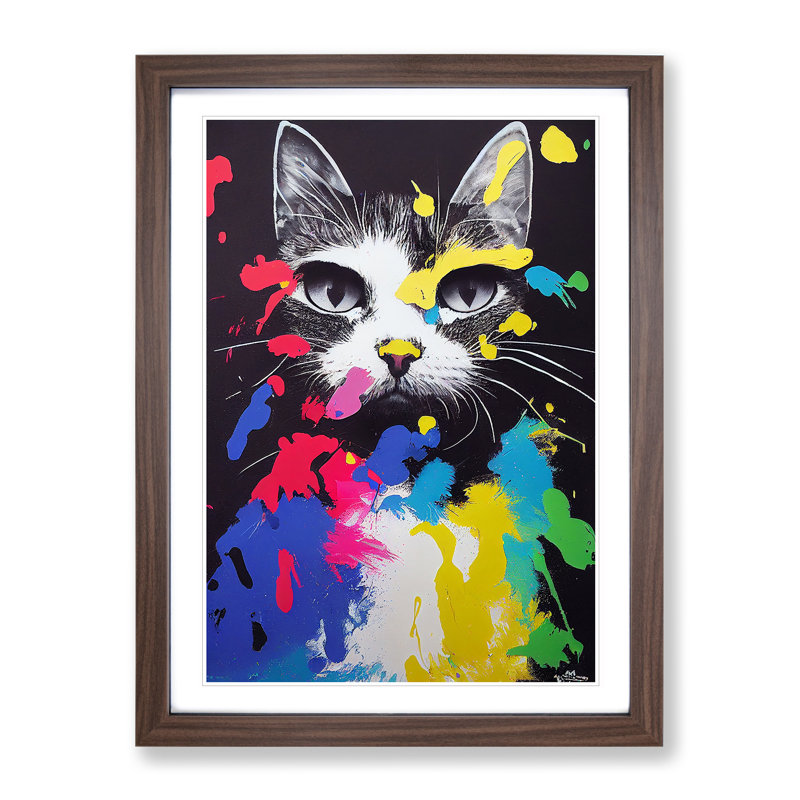 Paint Splat Cat No.2 1 Piece Single Picture Frame Painting, 64cm H x 46cm W x 2cm D, Walnut
