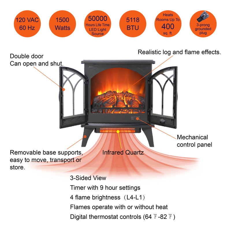 24" 3D Flame Electric Infrared Quartz Fireplace Stove with Remote