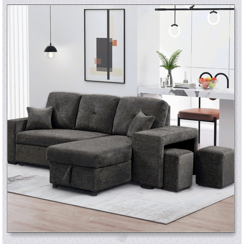 Versatile Sleeper Sectional Sofa Bed With Side Shelf, 2 Stools, And Pull-Out L-Shaped Design For Modern Living