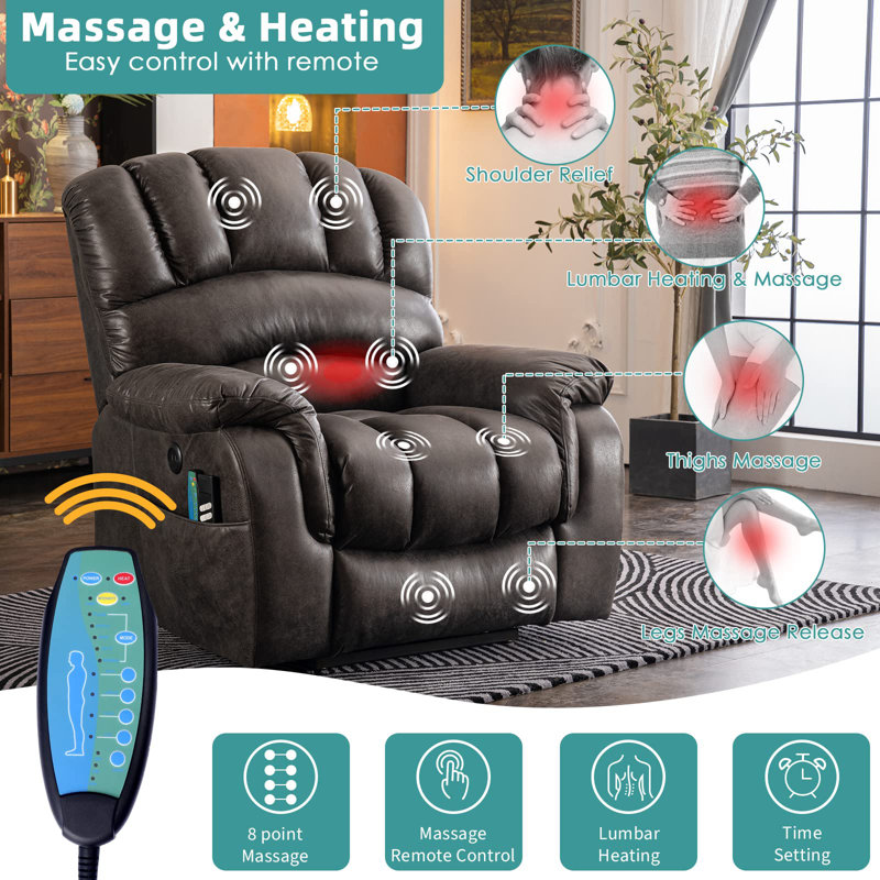 Fauteuil de massage inclinable électrique chauffant Hawking, Microfibre/microsuède gris