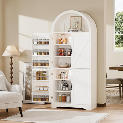 Garde-manger arqué, armoire arquée de 70 po de hauteur avec tablettes réglables et lumières à induction à 3 couleurs, armoires de cuisine, armoire avec portes de grange pour la cuisine ou le salon, blanc