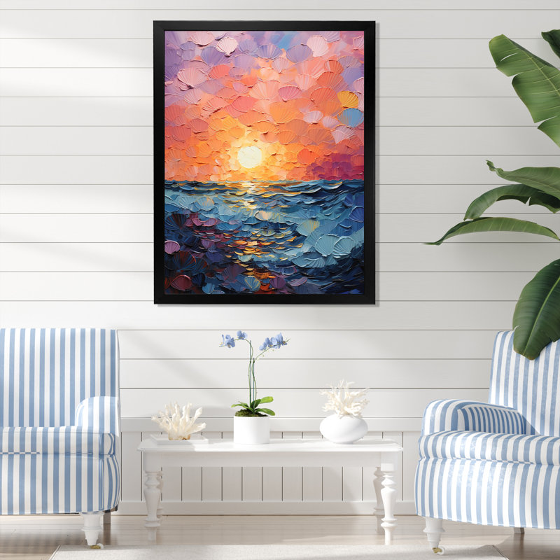 «Coastal Harmony Dreamscape Sunset», reproduction sur toile, Cadre simple noir, H 32 po x l 16 po x P 1 po