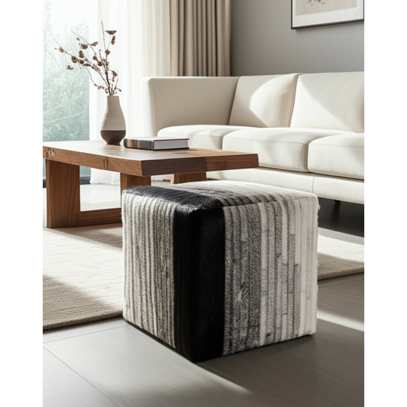 Luxury Ottoman Square with Strips Patchwork Design – Ottoman Footstool for Bedroom, Entryway, or Extra Seating – Modern House Decor Pouf Accent for Living Room Furniture or Vanity Seat –18", Black