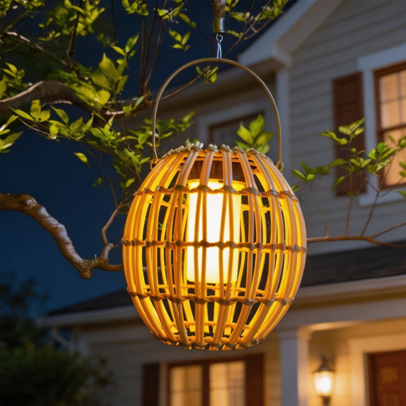 Veilleuse ronde ronde en plastique rotin lampe solaire d'extérieur avec lumière DEL chaude pour patio et décoration bohémienne