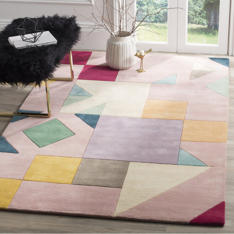 Tapis rose / orange / beige en laine touffeté à la main Harsirat, Rectangle 6 pi x 9 pi