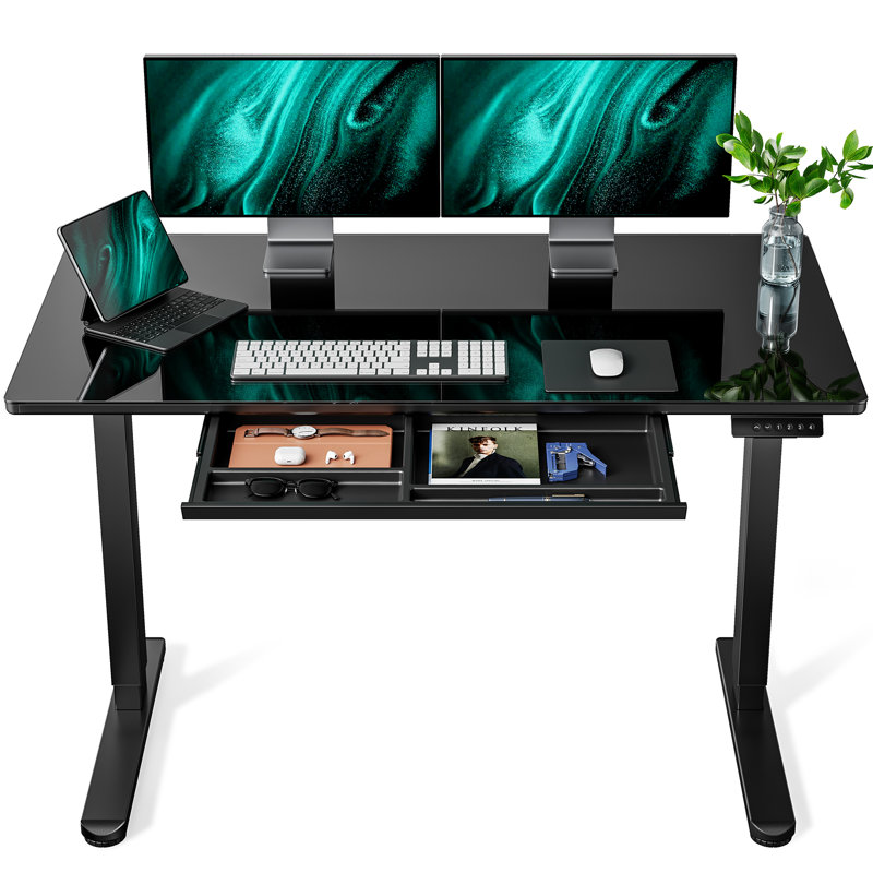 Glass Standing Desk with Writable Surface and Built-In Storage Drawers, Adjustable Height, 28.3" H x 47.2" W x 23.6" D, Black