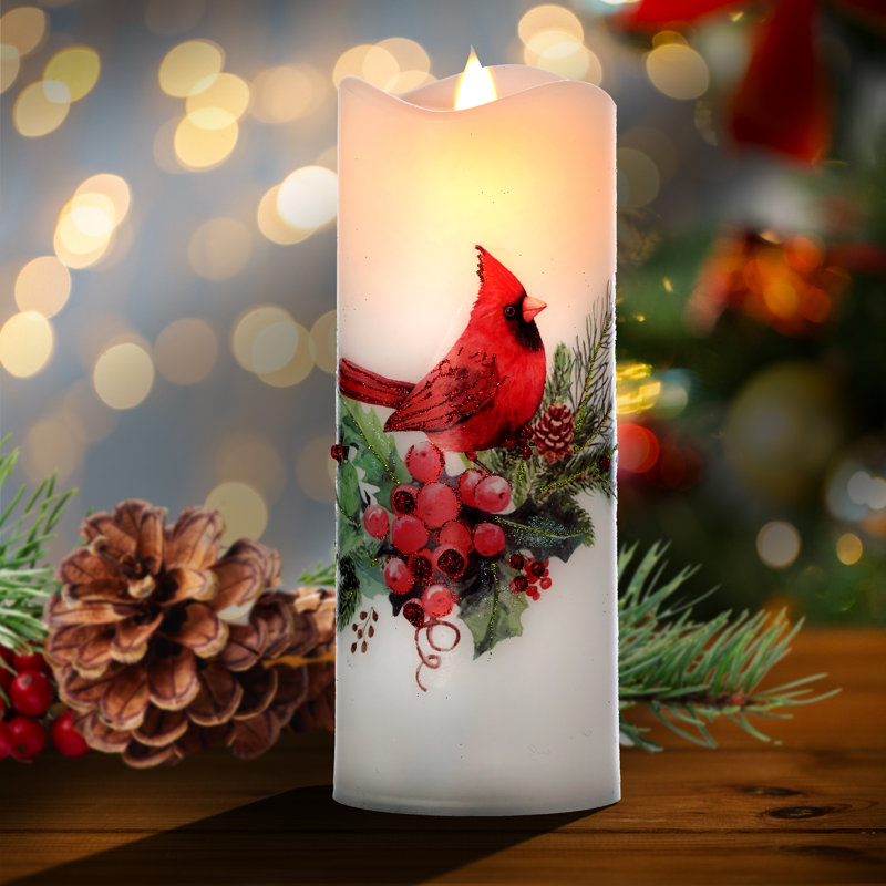 8" Cardinal W/Berries Faux Candle Set of 2