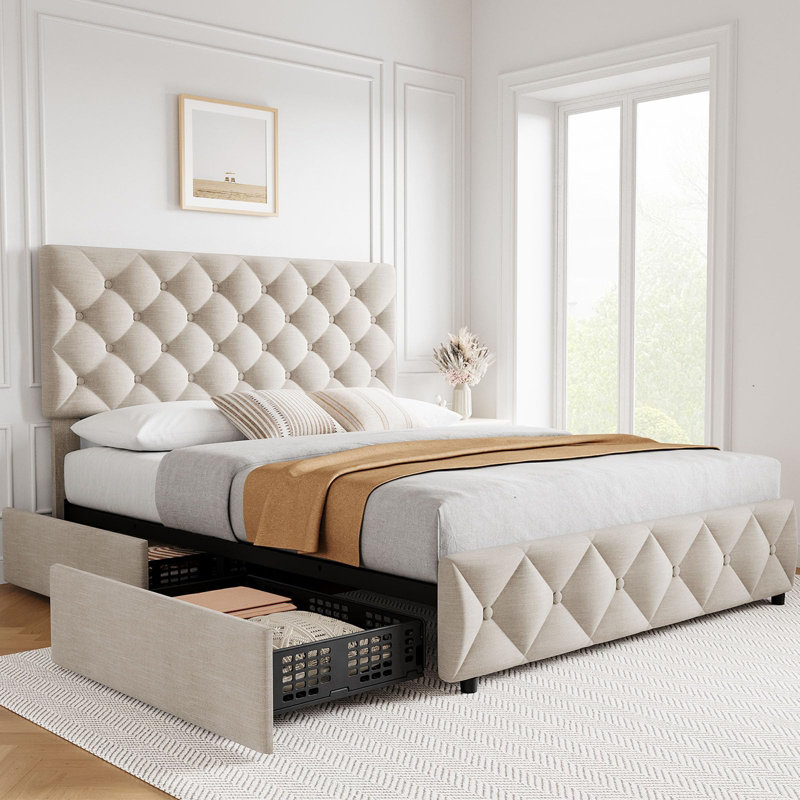 Queen Size Bed Frame With Adjustable Headboard And 4 Storage Drawers, Linen Upholstered Platform Bed Frame, Beige, Full