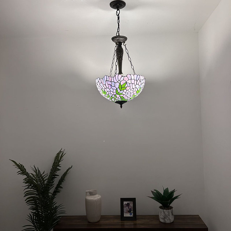 Olcay Tiffany Pendant Lights Stained Glass Green Leaves LED Bulbs Included 16" W*16"D*60" H, Purple/Green