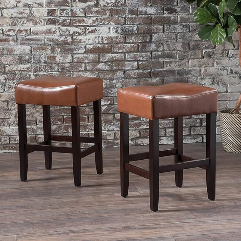 Set Of 2, 26.75" Backless Leather Counter Height Barstool, Brown