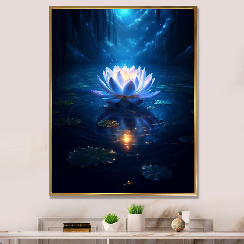 «Blossoming White Lotus In Blue Moon Pond», reproduction sur toile, H 32 po x l 24 po, Cadre flottant doré