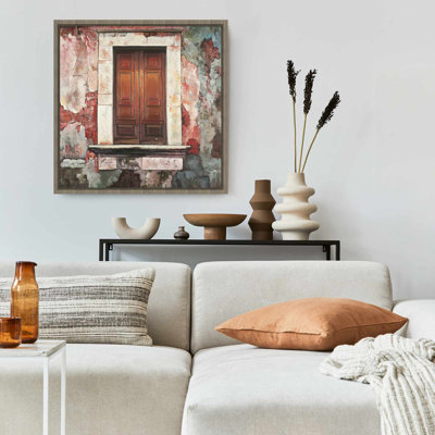 Porte d'un vieux bâtiment en toile rouge | Art mural brun encadré