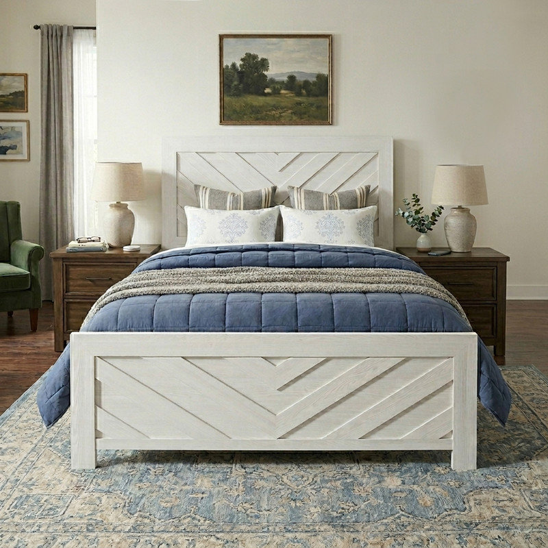 Cadre de lit à panneau avec tête et pied de lit, placage en faux bois, motif en V, grand, Blanc