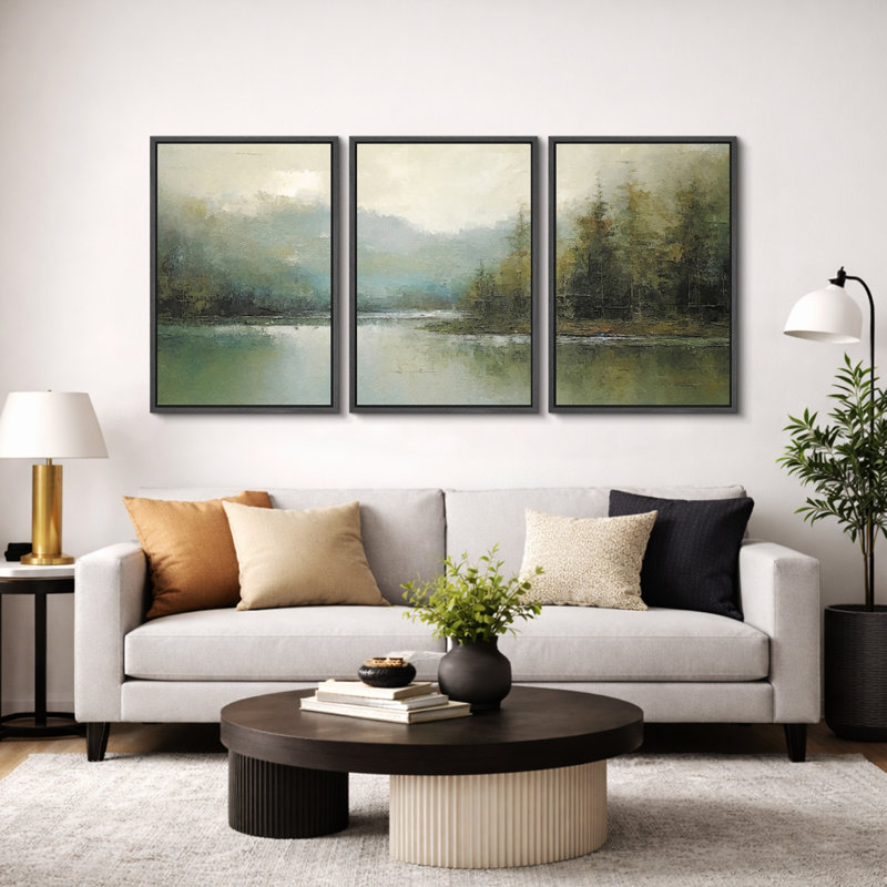 Abstract Landscape "Earthy Neutral Green Woodland Artwork, Serene Nature Lake Decor Wall Pictures, Framed Canvas Giclée Print 3 Pieces Wall Art"