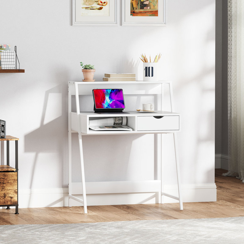 Home Office desk, Computer Desk for Small Spaces, Writing Table with Drawer and Storage Shelves, White