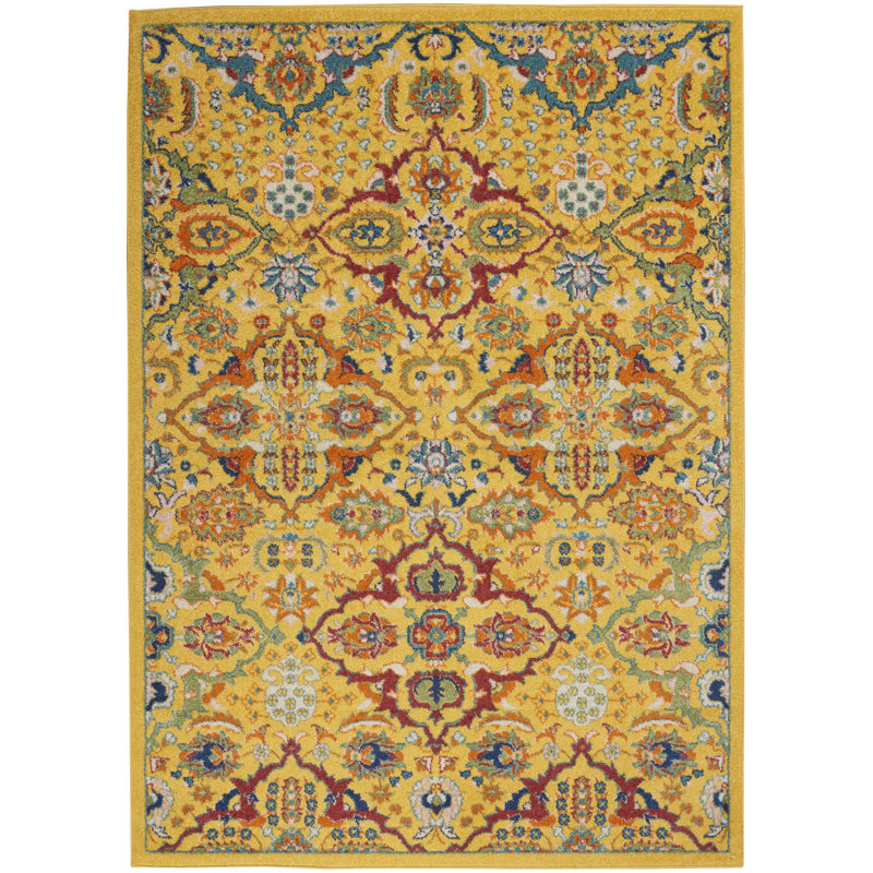 Tapis jaune à motif floral Weirton, Rectangle 5 pi 3 po x 7 pi 3 po