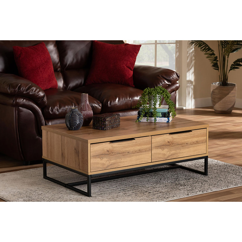 Oak Brown and Black Rectangular Coffee Table with Storage