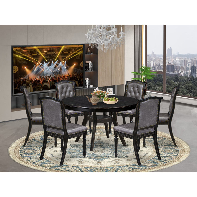 Ensemble de table de salle à manger 7 pièces comprenant une table de cuisine ronde moderne et 6 chaises en polyester gris foncé avec haut dossier et finition noire sablée.
