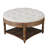 Large round ottoman coffee table in light grey, 2-tier design with button tufted top & wood storage shelf