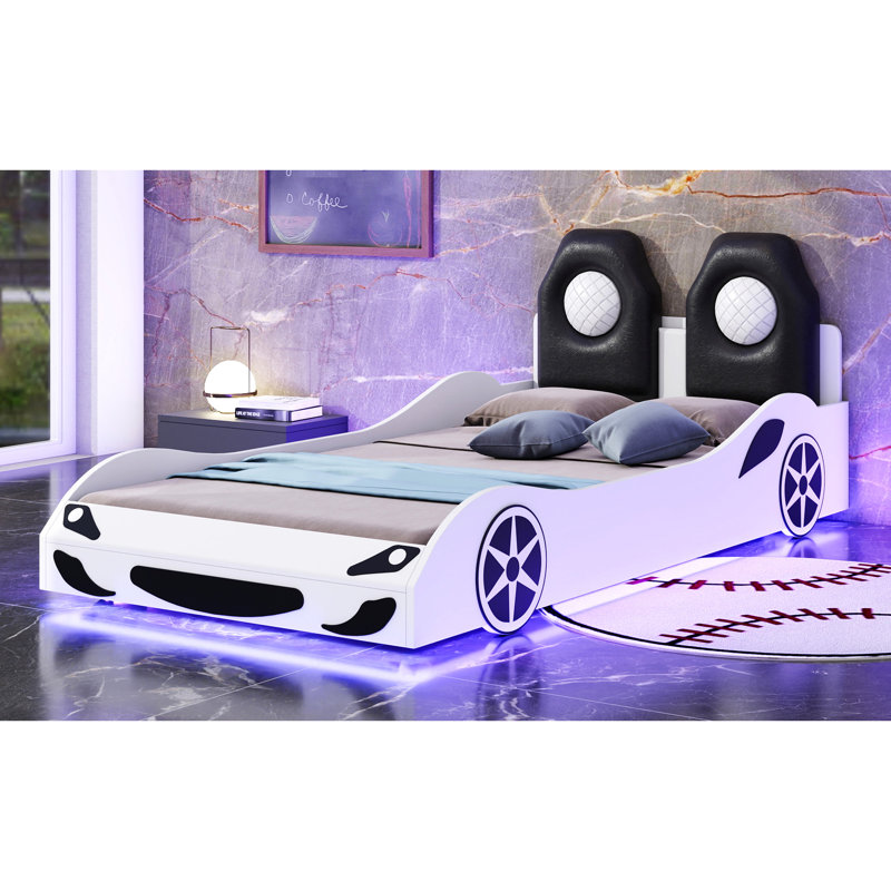 Led-Equipped Twin Race Car Style Bed With Comfortable Back Support, White Wood - Safe And Stylish Size Led Accent Lighting Upholstered Rest Modern Appeal